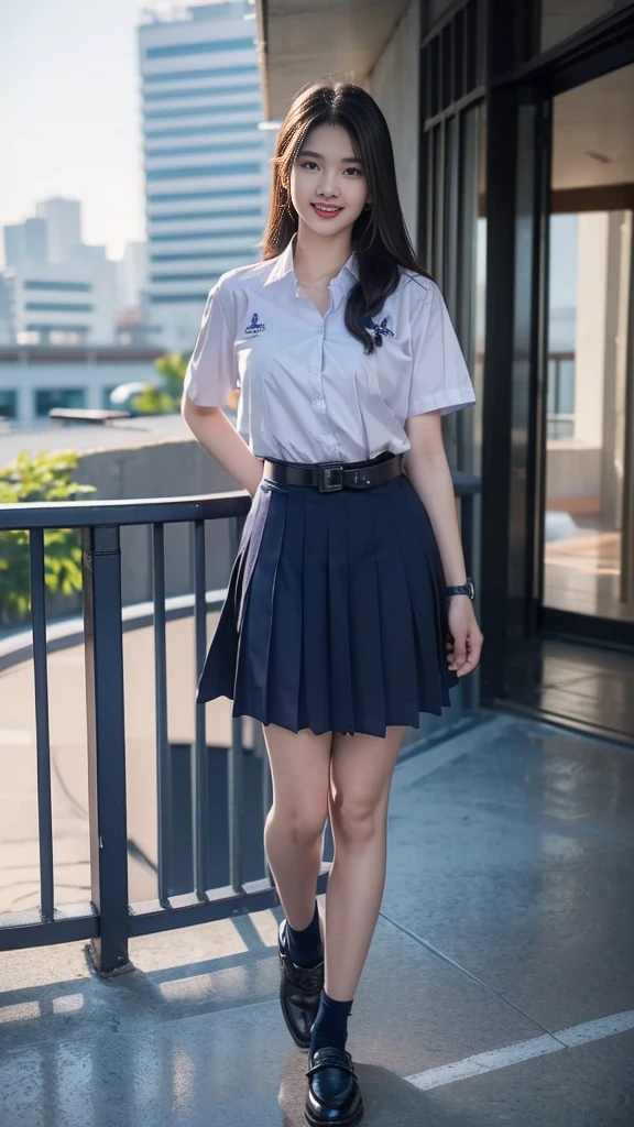 highest resolution, 8K, high definition, (((long hair))), (( thai student, half-caste, Thai-Japanese-Korean, Age 18-25 years, Height 173 centimeters)), (((stand, walk))) , (((Beautiful face, แต่งBeautiful face, Double eyelids, red lips, Smile at the corners of your mouth., Beautiful eyes))), ((beautiful woman, Real figure)), ((short sleeve, Thin white shirt, collar shirt)), ((Name embroidered in blue letters on the right chest of the shirt., have a name "Pornpitak" Rungruangpiwatsakul")), ((สัญลักษณ์โลโก้schoolที่อกซ้าย)), ((Dark blue long pleated skirt., Cover the whole leg)), ((Navy blue skirt, มีbeltผู้หญิง)), ((Big breasts, Breast augmentation)), ((Symmetrical figure, Sexy Body)), ((thin, small waist)), ((black elementary school shoes, Short white socks)), ((Wear a watch, belt)), (((Full body, look at every part of the body))), ((background, balcony, building, school, building))