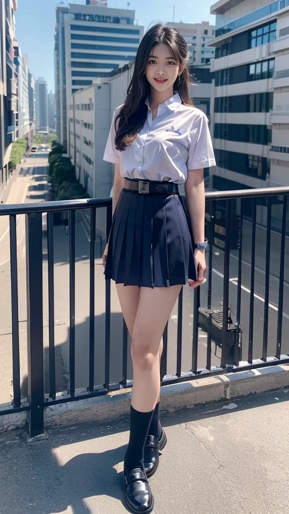 highest resolution, 8K, high definition, (((long hair))), (( thai student, half-caste, Thai-Japanese-Korean, Age 18-25 years, Height 173 centimeters)), (((stand, walk))) , (((Beautiful face, แต่งBeautiful face, Double eyelids, red lips, Smile at the corners of your mouth., Beautiful eyes))), ((beautiful woman, Real figure)), ((short sleeve, Thin white shirt, collar shirt)), ((Name embroidered in blue letters on the right chest of the shirt., have a name "Pornpitak" Rungruangpiwatsakul")), ((สัญลักษณ์โลโก้schoolที่อกซ้าย)), ((Dark blue long pleated skirt., Cover the whole leg)), ((Navy blue skirt, มีbeltผู้หญิง)), ((Big breasts, Breast augmentation)), ((Symmetrical figure, Sexy Body)), ((thin, small waist)), ((black  shoes, Short white socks)), ((Wear a watch, belt)), (((Full body, look at every part of the body))), ((background, balcony, building, school, building))