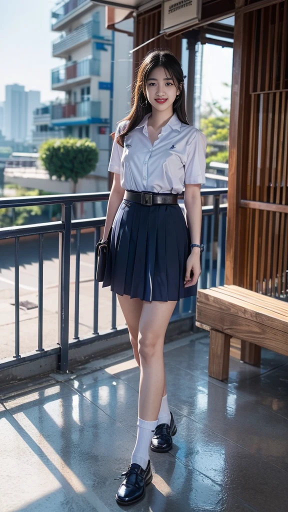 highest resolution, 8K, high definition, (((long hair))), (( thai student, half-caste, Thai-Japanese-Korean, Age 18-25 years, Height 173 centimeters)), (((stand, walk))) , (((Beautiful face, แต่งBeautiful face, Double eyelids, red lips, Smile at the corners of your mouth., Beautiful eyes))), ((beautiful woman, Real figure)), ((short sleeve, Thin white shirt, collar shirt)), ((Name embroidered in blue letters on the right chest of the shirt., have a name "Pornpitak" Rungruangpiwatsakul")), ((สัญลักษณ์โลโก้schoolที่อกซ้าย)), ((Dark blue long pleated skirt., Cover the whole leg)), ((Navy blue skirt, มีbeltผู้หญิง)), ((Big breasts, Breast augmentation)), ((Symmetrical figure, Sexy Body)), ((thin, small waist)), ((black  shoes, Short white socks)), ((Wear a watch, belt)), (((Full body, look at every part of the body))), ((background, balcony, building, school, building))