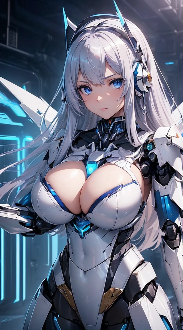 ((Intense action pose:1.6))、((Shining lenses on both breasts:1.3))、((Blue pillars of light are emanating from both chests.:1.3))、smile、((8K)), ((32k)), ((Highest quality)), ((masterpiece)), ((超A high resolution)), ((Tmasterpiece)), ((Halation:1.4))、((Mechaニカルheadgear:1.2))、((Cyber Headphones:1.3))、Fine skin, High quality fabric, Fine metal texture、((Beautiful and dense face))、RAW Photos、Professional, Ultra-fine painting, ((alone)), Beautiful breasts、Highest quality, Very detailed, Very detailed詳細, Finer details, so beautiful, ((Princess Knight Robot:1.2)),  (Joints of machines, Mechanical Limbs:1.3), (The internal structure of the machine is exposed:1.3), (Long silver hair:1.1), (Beautiful and huge mechanical breasts)、White Veil, cowboy_shot, Side Focus, headgear, Shiny、(Five Fingers, Four fingers and thumb),Concept Art, Anime fantasy artwork, Detailed fantasy art, (with pale blue-violet hair and large white wings,,,,,,,), (((Long silver hair))), (Mecha:1.6)、Sleek and intimidating design, ((Commander-in-Chief&#39;arm)), (Perfect robot body)、純白と青紫armまたは, Symmetrical wings, 8K high quality, detailed art, 3D rendering of character art in 8K, neat legs, Defined, Defined fingers,