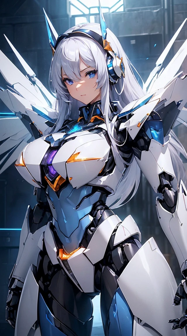 ((Intense action pose:1.6))、((Shining lenses on both breasts:1.3))、((Blue pillars of light are emanating from both chests.:1.3))、smile、((8K)), ((32k)), ((Highest quality)), ((masterpiece)), ((超A high resolution)), ((Tmasterpiece)), ((Halation:1.4))、((Mechaニカルheadgear:1.2))、((Cyber Headphones:1.3))、Fine skin, High quality fabric, Fine metal texture、((Beautiful and dense face))、RAW Photos、Professional, Ultra-fine painting, ((alone)), Beautiful breasts、Highest quality, Very detailed, Very detailed詳細, Finer details, so beautiful, ((Princess Knight Robot:1.2)), (Joints of machines, Mechanical Limbs:1.3), (The internal structure of the machine is exposed:1.3), (Long silver hair:1.1), (Beautiful and huge mechanical breasts)、White Veil, cowboy_shot, Side Focus, headgear, Shiny、(Five Fingers, Four fingers and thumb),Concept Art, Anime fantasy artwork, Detailed fantasy art, (with pale blue-violet hair and large white wings,,,,,,,), (((Long silver hair))), (Mecha:1.6)、Sleek and intimidating design, ((Commander-in-Chief'arm)), (Perfect robot body)、純白と青紫armまたは, Symmetrical wings, 8K high quality, detailed art, 3D rendering of character art in 8K, neat legs, Defined, Defined fingers,