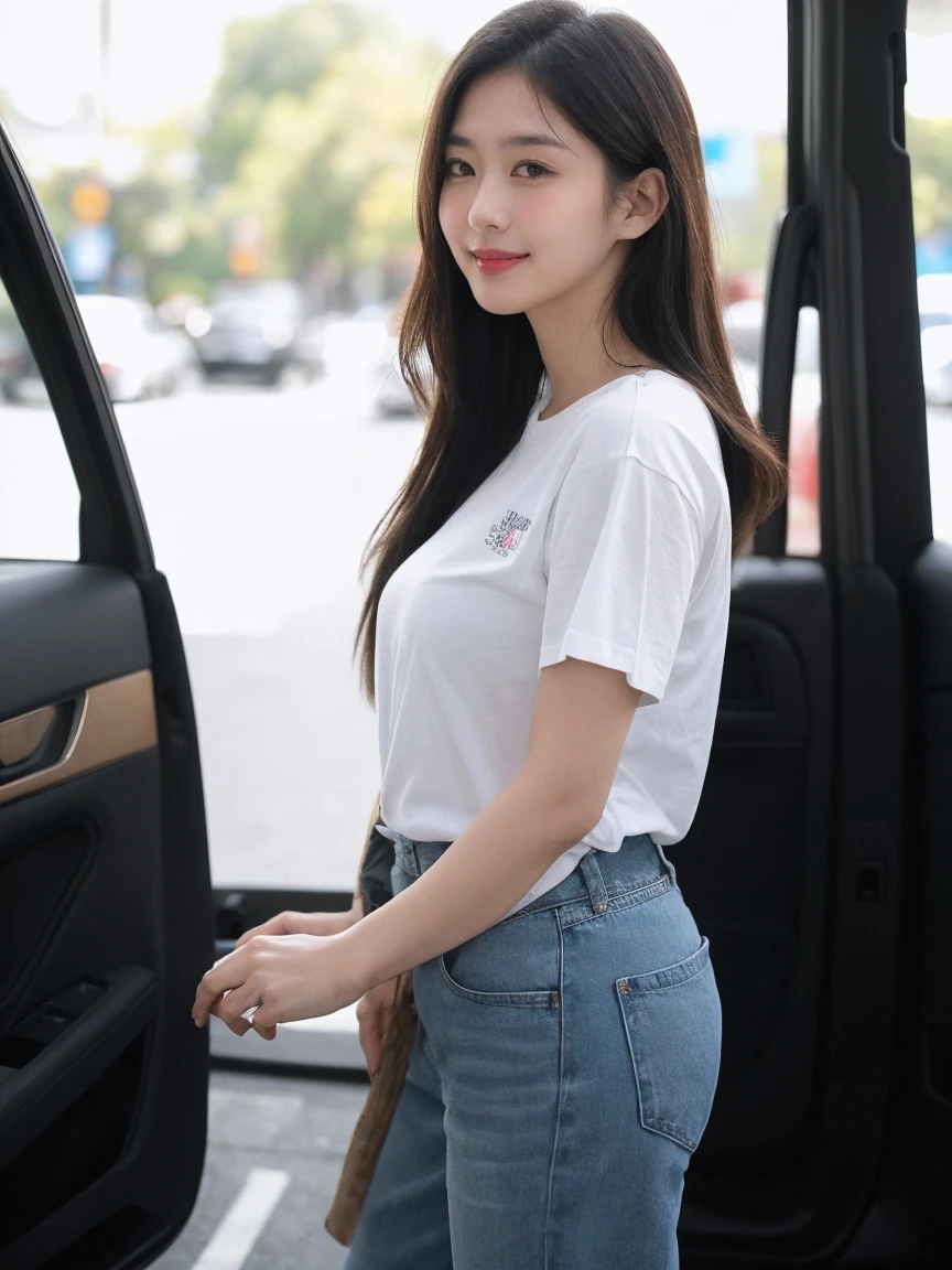 Realistic,score_9, score_8_Excellent, score_7_Excellent, break, 1人of女性（40s:1.2）,alone,Tie long hair to the side,From before,Face Focus,(View your viewers:1.2),A kind smile（Laugh with your mouth closed:1.2）,Full body portrait（Medium:1.2）,（bright,Polaroid,(depth_of_Field:1.5),晴れof日,Outdoor,street,目of間of毛,Moody lighting,Lens flare,Available Light,Rim Light,Shining neon lights,Curvy,Standing posture,Ｔshirt,Korean traditional pattern,Chachangsegori(car window segolli) ,PrintＴshirtレディースリラックスTshirt,bella + Canvas 6400,https://ayaaleumdaun.base.shop/items/88266422 (Heather Mauve:1.2),Blue Jeans,日本of女性
