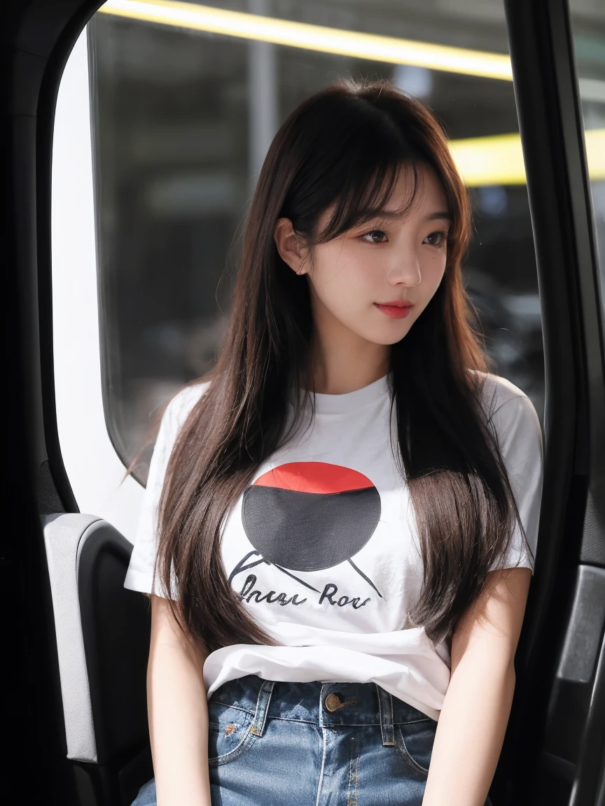 Realistic,score_9, score_8_Excellent, score_7_Excellent, break, 1人of女性（40s:1.2）,alone,Tie long hair to the side,From before,Face Focus,(View your viewers:1.2),A kind smile（Laugh with your mouth closed:1.2）,Full body portrait（Medium:1.2）,（bright,Polaroid,(depth_of_Field:1.5),晴れof日,Outdoor,street,目of間of毛,Moody lighting,Lens flare,Available Light,Rim Light,Shining neon lights,Curvy,Standing posture,Ｔshirt,Korean traditional pattern,Chachangsegori(car window segolli) ,PrintＴshirtレディースリラックスTshirt,bella + Canvas 6400,https://ayaaleumdaun.base.shop/items/88266422 (Heather Mauve:1.2),Blue Jeans,日本of女性