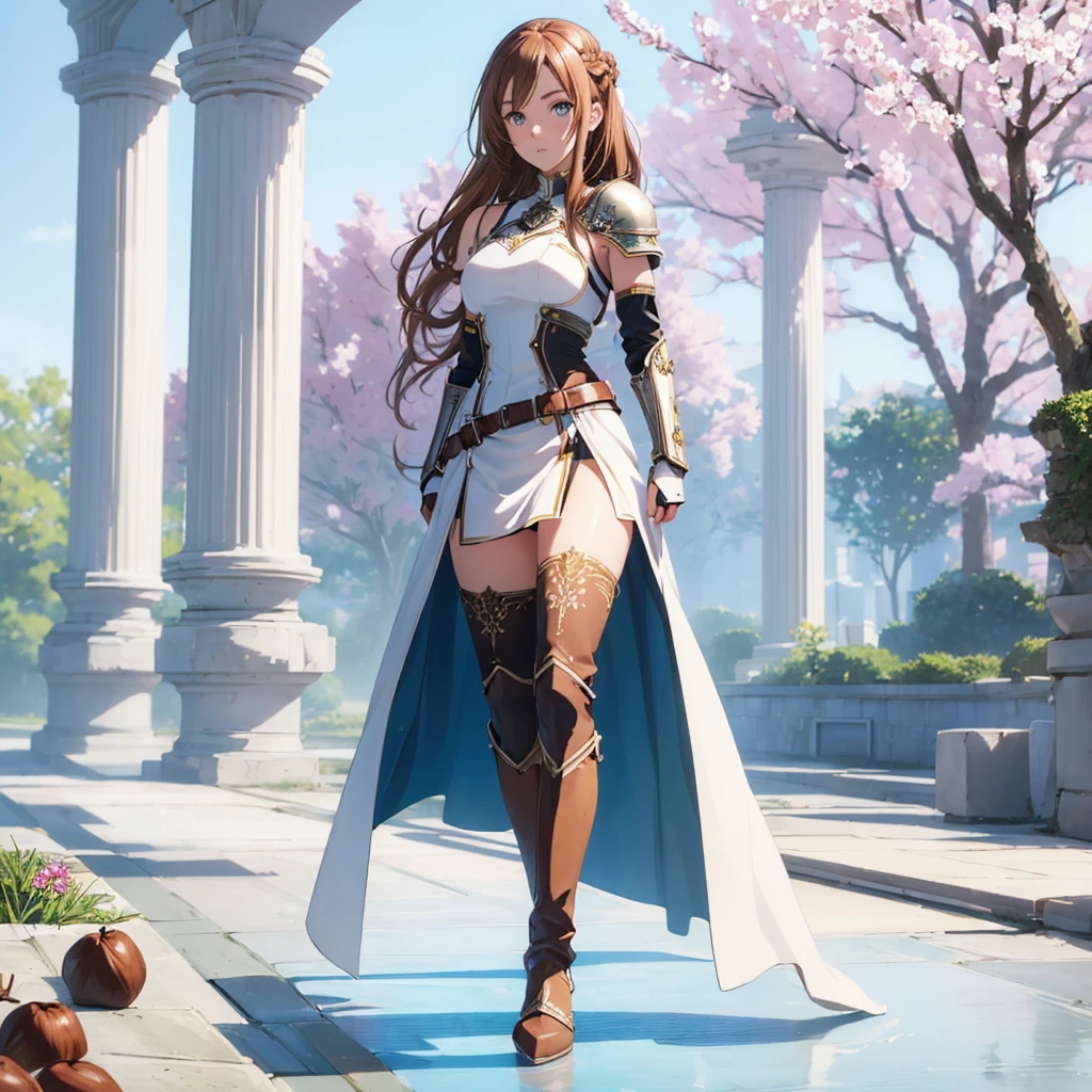 ((1girl, solo)), beautiful body, (perfect anatomy, perfect body, perfect hands, perfect legs), natural proportions, sexy body, large breasts, ((full body, full body front)), hand on hip BREAK
((extremely detailed face)), (beautiful detailed eyes:1.6), (realistic pupils, realistic iris:1), expressive eyes, looking at viewer, (clear eyes:1.3), (hyperrealistic:1.2), (detailed skin texture:1.2), smooth skin, asuna yuuki, (chestnut brown hair:1.5), (brown eyes), long hair, braid, bangs, (detailed lips:1.3), (attractive lips:1.1), (glossy lips:1.1), perfect face, perfect eyes BREAK
mini dress, long sleeves, (shoulder armor:1.3), (arm guard:1.3), partially fingerless gloves, ((black thighhighs)), knee high boots, armored boots, thighs, zettai ryouiki, belt, cape BREAK
outdoors, day, (garden:1.4), flower, trees, (shade of trees:1.2) BREAK
(masterpiece:1.5), anime-style, top quality, best quality, (beautiful and aesthetic:1.2), (ultra detail:1.5), Ultra-detailed depiction, Ultra-precise depiction, extremely detailed 8k illustration, high resolution, (highly detailed shading:1.2), (realistic lighting:1.4), perfect lighting, vibrant colors, dynamic tones, striking hues, 8k, absurd resolution, perfect shadows, hdr, UHD, ambient lighting, realistic, ultra-realistic, photo realistic, highly detailed, rich detail, luminous colors, fine texture, intricate design, professional illustration, (soft light:1.2), (illustration:0.7)