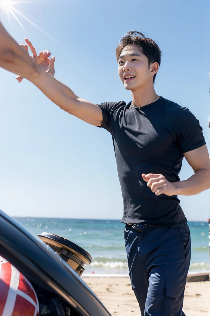 (Create a masterpiece: 1.2),(CGI art:1.3),(realistic:1.5),(After processing:1.3), (Sharp focus:1.3), 1 man, open mouth, smile, (Navy blue round neck shirt), Navy cargo pants, Korean guy , korean men, (High gloss details), chest muscles, large arm muscles, blood vessel, Big muscles, Broad shoulders, looking at the audience, Balancing the eyes, Seaside, beach, sunlight, running towards the camera