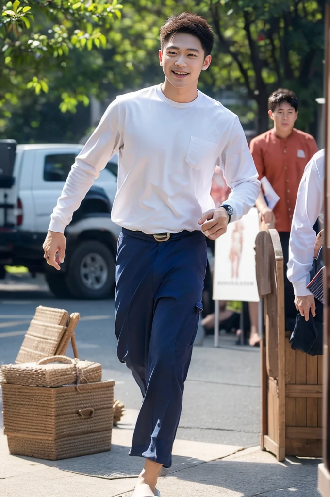 (Create a masterpiece: 1.2),(CGI art:1.3),(realistic:1.5),(After processing:1.3), (Sharp focus:1.3), 1 man, open mouth, smile, (Navy blue round neck shirt), Navy cargo pants, Korean guy , korean men, (High gloss details), chest muscles, large arm muscles, blood vessel, Big muscles, Broad shoulders, looking at the audience, Balancing the eyes, Seaside, beach, sunlight, running towards the camera