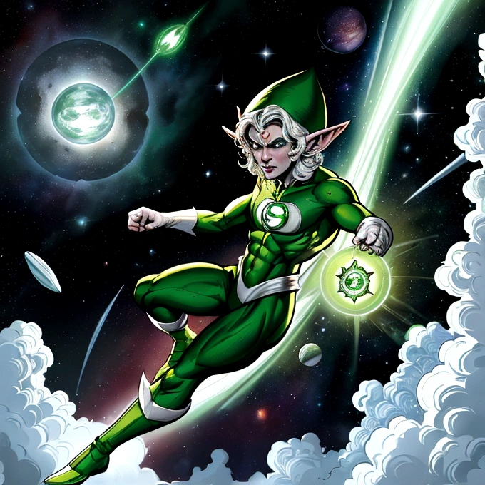 A captivating work of pop art by artist Cepriu, featuring a seductive Green Lantern elf flying through space. The illustration has a vintage comic book feel, with the charming elf looking at the viewer, showing off a luminescent Green Lantern ring on his finger, his fist clenched and leaving a trail of swirling green energy in his wake... The background shows the immensity of space., with a distant Earth visible. This work combines elements of illustration, typography, poster design and chart to create a dark fantasy masterpiece., typography, illustration, chart, poster, dark fantasy