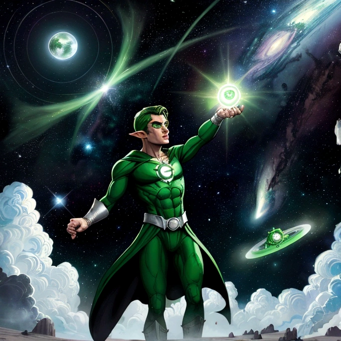 A captivating work of pop art by artist Cepriu, featuring a seductive Green Lantern elf flying through space. The illustration has a vintage comic book feel, with the charming elf looking at the viewer, showing off a luminescent Green Lantern ring on his finger, his fist clenched and leaving a trail of swirling green energy in his wake... The background shows the immensity of space., with a distant Earth visible. This work combines elements of illustration, typography, poster design and chart to create a dark fantasy masterpiece., typography, illustration, chart, poster, dark fantasy