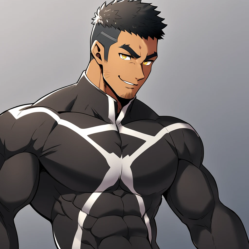 anime characters：Gyee, Muscle Sports Student, negro black skin, 1 dark skin muscular tough guy, Manliness, male focus, Dark grey high collar long sleeve wetsuit, Matte texture, Very tight, Round, full and perky chest muscles, Slightly transparent, muscular male, muscular, only, Upper body, alone, Black short hair, Thick eyebrows, stubble, Yellow eyes, Grey background, simple background, amazing quality, best aesthetics, Ridiculous, bright pupils, crew cut, parted lips, seductive smile, torogao, naughty face,  best quality