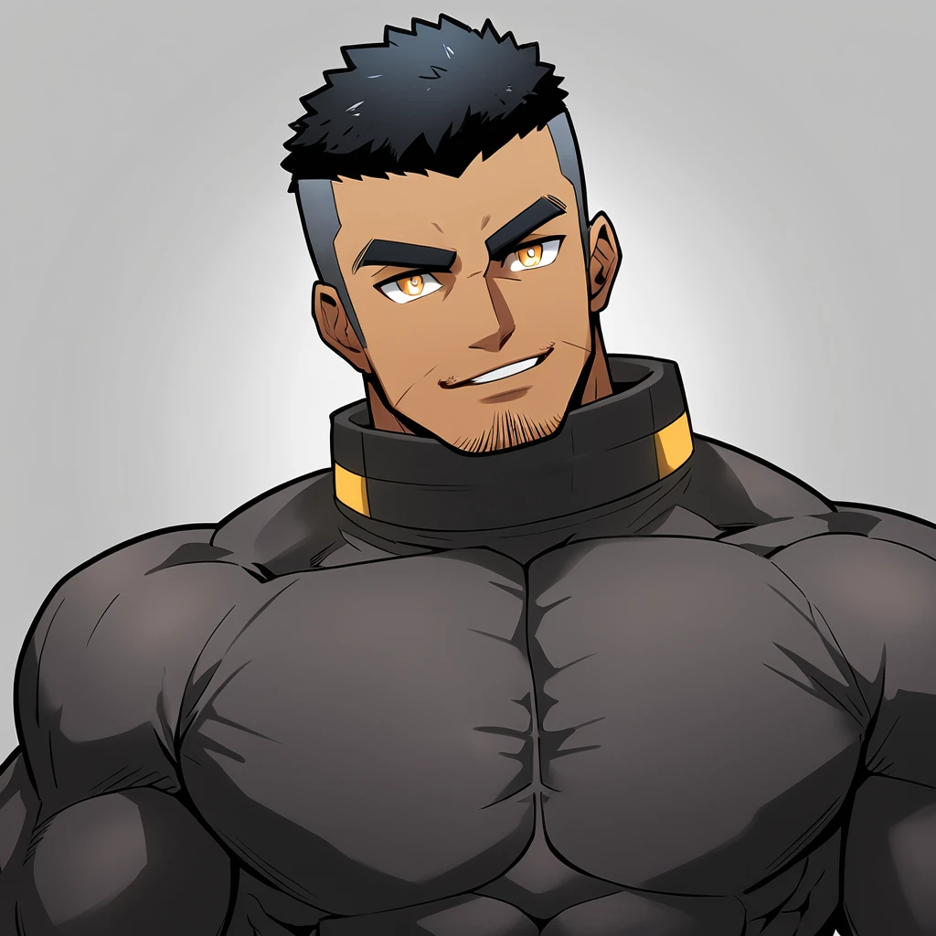 anime characters:Gyee, Muscle Sports Student, negro black skin, 1 dark skin muscular tough guy, Manliness, male focus, Dark grey high collar long sleeve wetsuit, Matte texture, Very tight, Round, full and perky chest muscles, Slightly transparent, muscular male, muscular, only, Upper body, alone, Black short hair, Thick eyebrows, stubble, Yellow eyes, Grey background, simple background, amazing quality, best aesthetics, Ridiculous, bright pupils, crew cut, parted lips, seductive smile, torogao, naughty face, best quality