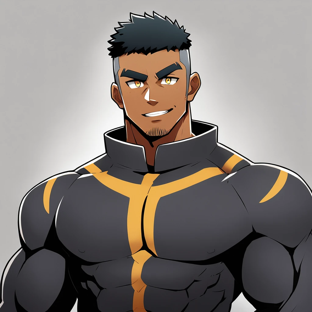 anime characters:Gyee, Muscle Sports Student, negro black skin, 1 dark skin muscular tough guy, Manliness, male focus, Dark grey high collar long sleeve wetsuit, Matte texture, Very tight, Round, full and perky chest muscles, Slightly transparent, muscular male, muscular, only, Upper body, alone, Black short hair, Thick eyebrows, stubble, Yellow eyes, Grey background, simple background, amazing quality, best aesthetics, Ridiculous, bright pupils, crew cut, parted lips, seductive smile, torogao, naughty face, best quality