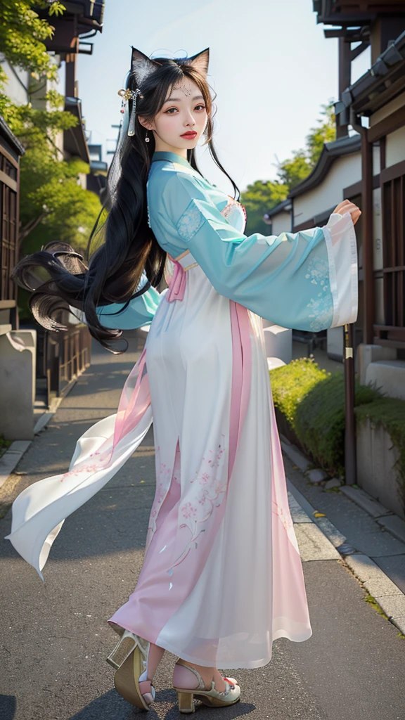 ((Masterpiece)),(Best Quality), (Cinematic),(Extremely detailed CG Unity 8k wallpaper),1girl, fit,Delicious company,revealing clothes, intricate outfit,fit, small breasts,very long black hair,big cat eyes,one Stunning hanfu shapeshifter cat girl(bakenekon, nekomata)with a beautifully designed fine and perfectly fitting hanfu clothing with georgeous patterns and also transparent flowing fabric. she is dancing in front of plain graphic japanese background. her hands are very graceful presenting a fan. cat ear, vampy fang,cateyes, white devon rex cat, eine Ganzkörperaufnahme, die Tradition und Moderne verbindet