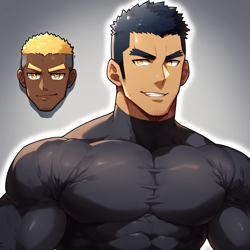 anime characters:Gyee, Muscle Sports Student, negro black skin, 1 dark skin muscular tough guy, Manliness, male focus, Light yellow high collar long sleeve tight T-shirt, Slightly transparent material, Very tight, Round, full and perky chest muscles, Slightly transparent, muscular male, muscular, only, Upper body, alone, Black short hair, Thick eyebrows, stubble, Yellow eyes, Grey background, simple background, amazing quality, best aesthetics, Ridiculous, bright pupils, crew cut, parted lips, seductive smile, torogao, naughty face, drop shadow, best quality