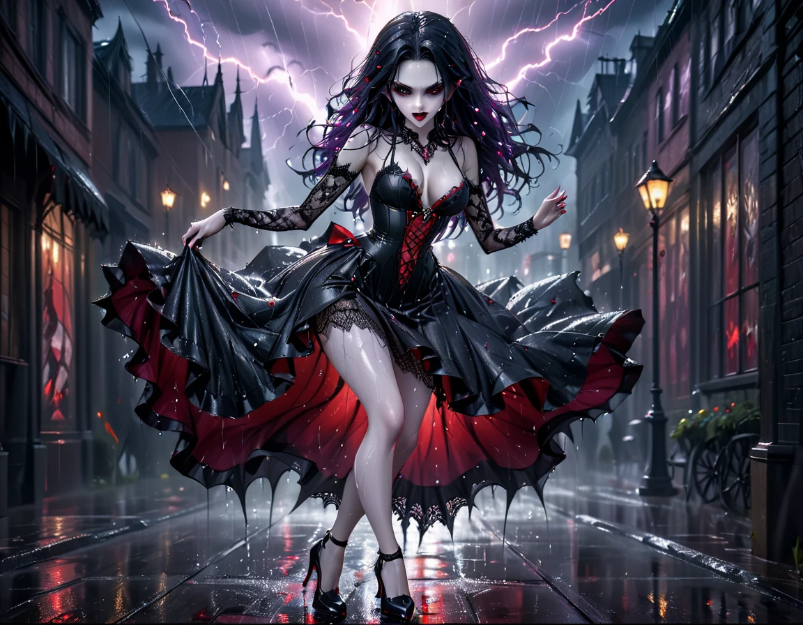 a female vampire (dancing: 1.3) in the rain during lightning storm, goth art, dark fantasy art, glamours (vampire: 1.5) model shot, RAW, award winning picture of a female vampire, dynamic hair color, dynamic hair style, pale skin, full body, busty woman, (most beautiful face: 1.3), (ultra detailed face: 1.2), long hair, wavy hair, pale skin, wearing lace dress, wet dress, dynamic color, dynamic style dress, (intense detailed dress: 1.3), wearing intricate high heels, light make up, modern day high society street in a (lightning: 1.3) storm heavy rain, sense of glorified sensation in the storm, (anatomically correct: 1.4),  picture taken from dynamic range, vibrant, Ultra-high resolution, High Contrast, (masterpiece:1.5), highest quality, Best aesthetics), best details, best quality, highres, ultra wide angle, 16k, [ultra detailed], masterpiece, best quality, (extremely detailed), Intense Gaze, goth person, dark person
