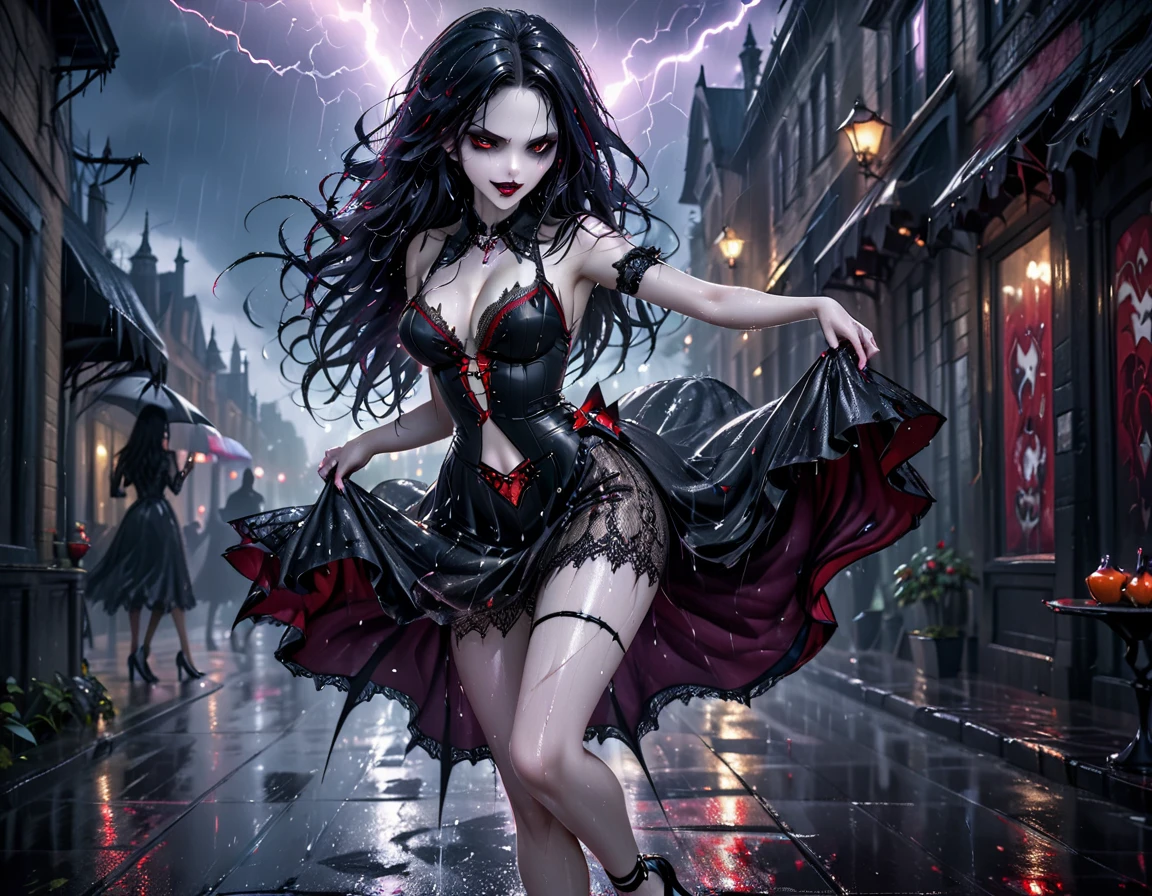 a female vampire (dancing: 1.3) in the rain during lightning storm, goth art, dark fantasy art, glamours (vampire: 1.5) model shot, RAW, award winning picture of a female vampire, dynamic hair color, dynamic hair style, pale skin, full body, busty woman, (most beautiful face: 1.3), (ultra detailed face: 1.2), long hair, wavy hair, pale skin, wearing lace dress, wet dress, dynamic color, dynamic style dress, (intense detailed dress: 1.3), wearing intricate high heels, light make up, modern day high society street in a (lightning: 1.3) storm heavy rain, sense of glorified sensation in the storm, (anatomically correct: 1.4),  picture taken from dynamic range, vibrant, Ultra-high resolution, High Contrast, (masterpiece:1.5), highest quality, Best aesthetics), best details, best quality, highres, ultra wide angle, 16k, [ultra detailed], masterpiece, best quality, (extremely detailed), Intense Gaze, goth person, dark person