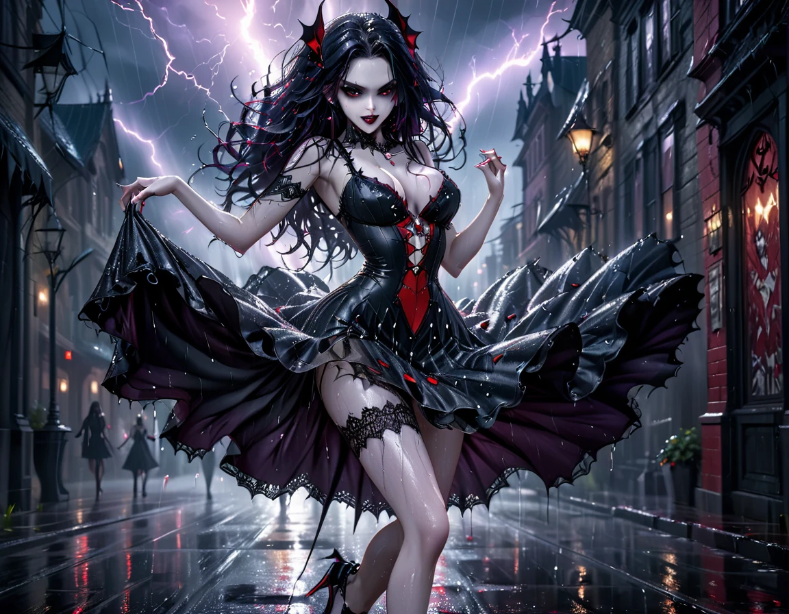 a female vampire (dancing: 1.3) in the rain during lightning storm, goth art, dark fantasy art, glamours (vampire: 1.5) model shot, RAW, award winning picture of a female vampire, dynamic hair color, dynamic hair style, pale skin, full body, busty woman, (most beautiful face: 1.3), (ultra detailed face: 1.2), long hair, wavy hair, pale skin, wearing lace dress, wet dress, dynamic color, dynamic style dress, (intense detailed dress: 1.3), wearing intricate high heels, light make up, modern day high society street in a (lightning: 1.3) storm heavy rain, sense of glorified sensation in the storm, (anatomically correct: 1.4),  picture taken from dynamic range, vibrant, Ultra-high resolution, High Contrast, (masterpiece:1.5), highest quality, Best aesthetics), best details, best quality, highres, ultra wide angle, 16k, [ultra detailed], masterpiece, best quality, (extremely detailed), Intense Gaze, goth person, dark person