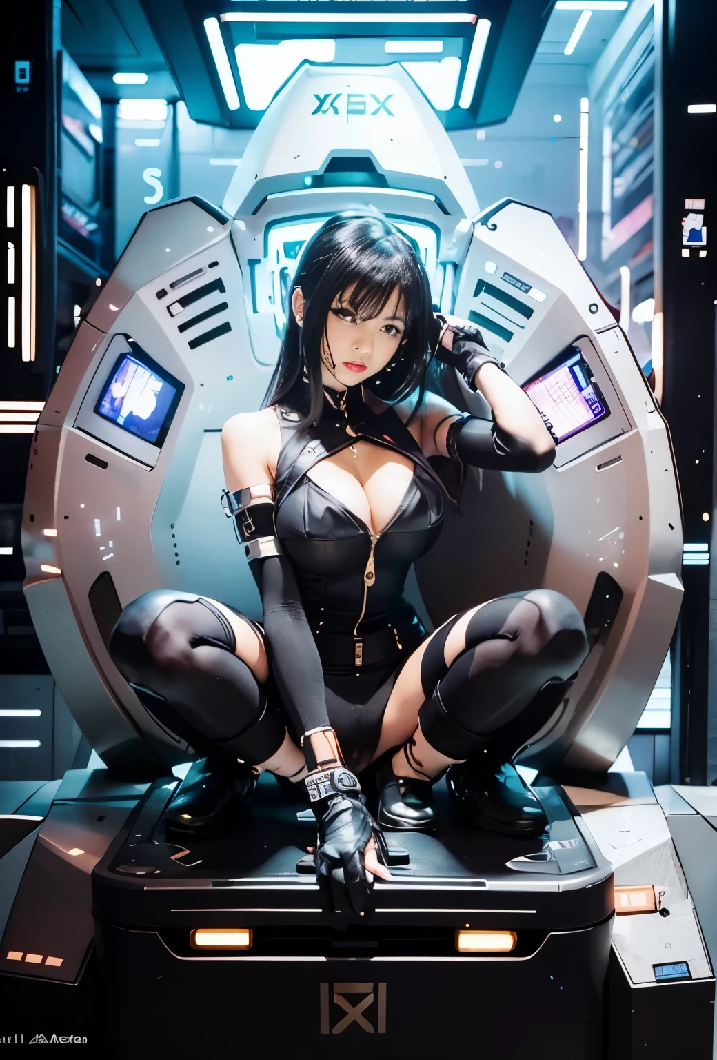 A woman in black and white clothes sitting on a machine, Cyberpunk Anime Girl, female Cyberpunk Anime Girl, Anime Cyberpunk art, Anime Cyberpunk, digital Cyberpunk anime art, Cyberpunk Anime Girl mech, Digital Cyberpunk - Anime Art, Modern cyberpunk anime, Cyberpunk anime art, Digital Cyberpunk Anime!!, Perfect android girl, cybercore, BoobsCyberpunk, Nightcore, Android heroine nsfw