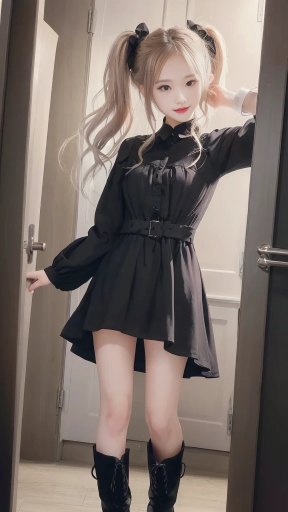 A girl standing in a doorway wearing a black dress and black boots, Girl in a black dress,  In a dress, from Girls&#39; Frontline, Girls&#39; Frontline style, Cute girl in a nice dress, Fine details, Girls&#39; Frontline, Cute girl visuals, Girls&#39; Frontline cg, Blonde girl with long hair, Beautiful school girl, Idol Face, Beautiful breasts, (Detailed eyes and face:1.3, Professional photography techniques), (Detailed hands:1.1, Beautiful little hands of a girl:1.3), (Highest quality, 8K, masterpiece:1.2, RAW Photos), (Beautiful eyes in every detail), Gaze at the viewer, blush:1.3