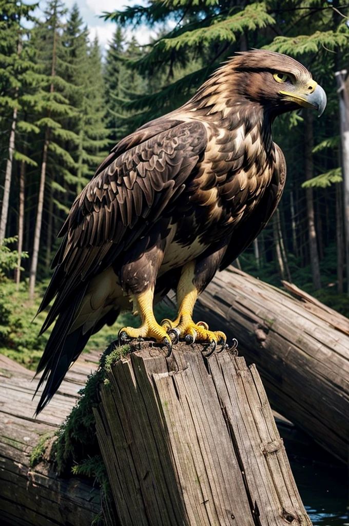 (golden eagle), (realistic), (perched on a log), (summoned face)