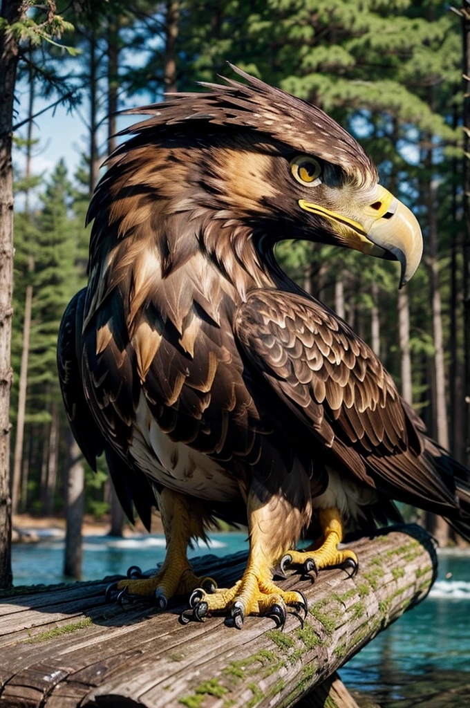 (golden eagle), (realistic), (perched on a log), (summoned face)