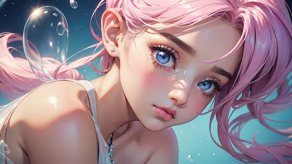 ((masterpiece)). This work is wonderful, dream-like、Fantastic, Soft pink watercolor shades with candy accents. Generate and explore delicate and understated fairies (A colorful bubble gum world in pastel colors). Her sweet face is extremely detailed and realistic with elegant features and a fierce expression, And it becomes ((((Naomi Scott)))). Mature characteristics and stunning, Extremely realistic eyes. Her eyes are important、Be realistic, Very detailed, And it's beautiful. High resolution and detail, Include many details like stars, Milky Way, Colorful bubbles, Colorful petals, And a lot of energy and emotion! Stars and colorful bubblegum bubbles are important! Include fantasy details, Enhanced Details, iris, Colorful sparkling wind, And pollen. Pay special attention to her face、Make sure it's beautiful and realistic in detail。. The image should be dream-like、Fantastic.8K, Complex, elegant, Very detailed, Majestic, Digital photography