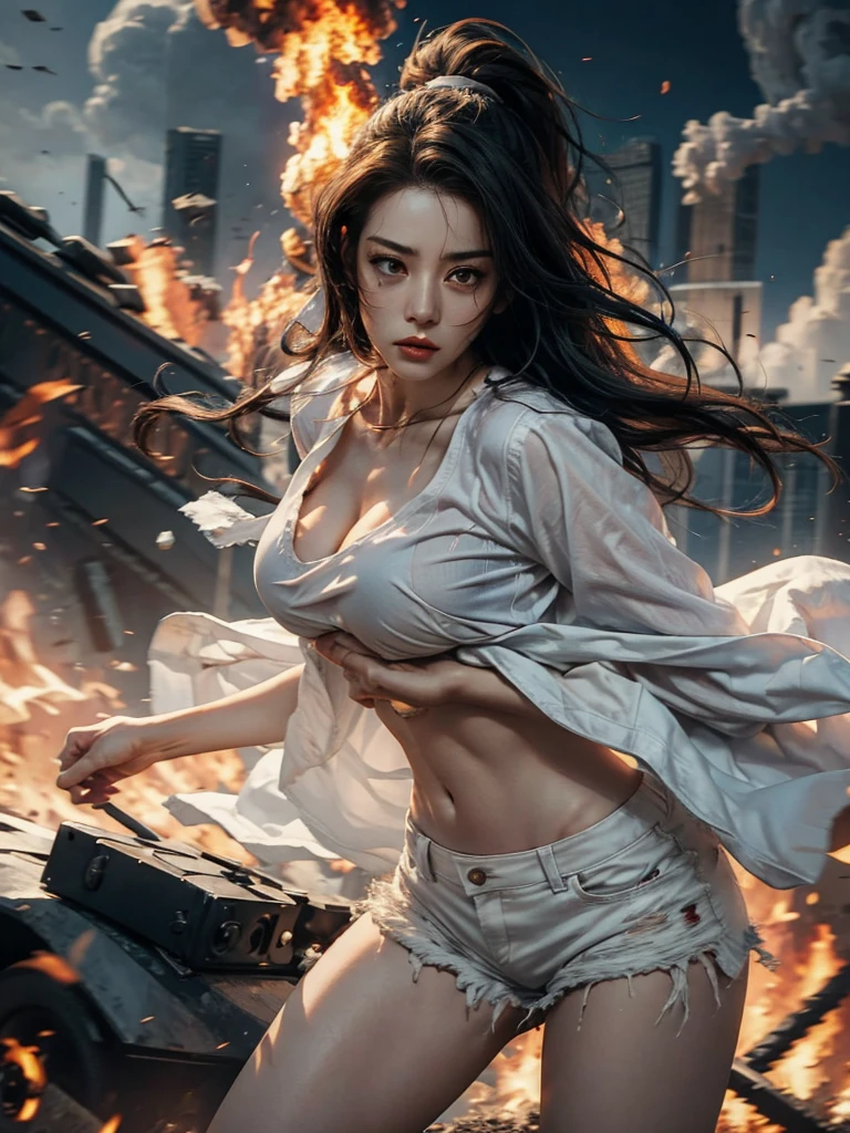 Big breasted female commander, Wear a torn white t-shirt. (Torn from combustion)+Torn white shorts (Torn from combustion), Count the soldiers and attack the enemy.