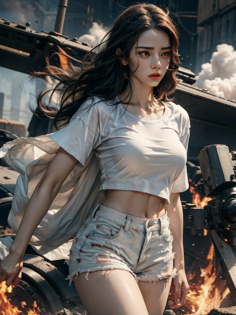 Big breasted female commander, Wear a torn white t-shirt. (Torn from combustion)+Torn white shorts (Torn from combustion), Count the soldiers and attack the enemy.