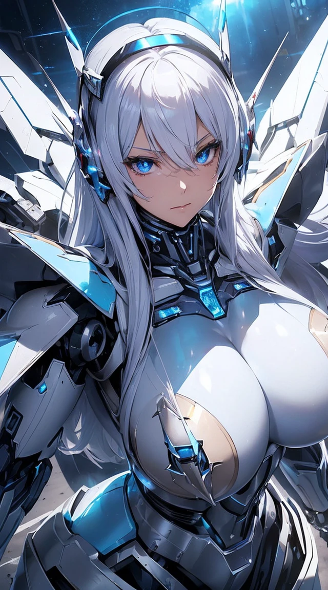 ((Extreme close up:1.6))、(((Lenses shining on both breasts:1.3)))、((A blue pillar of light emanates from both of his chests..:1.3))、break、(((Dynamic pose:1.8)))、smile、((8K)), ((32k)), ((Highest quality)), ((masterpiece)), ((超A high resolution)), ((Tmasterpiece)), ((Halation:1.4))、((Mechaニカルheadgear:1.2))、((Cyber Headphones:1.3))Fine skin, High quality fabric, High-quality metal texture、((Beautiful and dense face))、RAW Photos、Professional, Ultra-fine painting, ((alone)), Beautiful breasts、Highest quality, Very detailed, Very detailed詳細, Finer details, so beautiful, ((Princess Knight Robot:1.2)),  (Joint of the machine, Mechanical Limbs:1.3), (The internal structure of the machine is exposed:1.3), (Long silver hair:1.1), (Beautiful and huge mechanical breasts)、White Veil, cowboy_shot, Side Focus, headgear, Shiny、(Five Fingers, Four fingers and thumb),Concept Art, Anime fantasy artwork, Detailed fantasy art, (with pale blue-violet hair and large white wings,,,,,,,,), (((Long silver hair))), (Mecha:1.6)、Sleek and intimidating design, ((Commander-in-Chief&#39;arm)), (Perfect robot body)、純白と青紫のarmまたは, Symmetrical wings, 8K High Resolution, Detailed Art, 3D rendering of character art in 8K, neat legs, Defined, Defined fingers,((headshot:1.3))