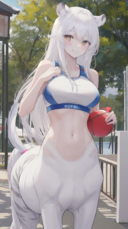 (best quality, masterpiece), 1 girl, centaur, It takes, White skin, Korean ,Smiling,trapped in a zoo, exposing the abdomen,Sportsbra, 아름다운 소녀 perfect white tiger photo, perfect white tiger photo