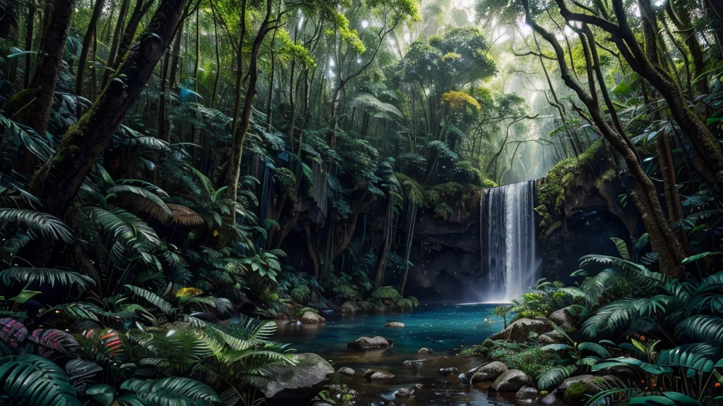 A vast futuristic paradise landscape, lush forest, cascading waterfalls, exotic alien flora and fauna, vibrant colors, dramatic lighting, cinematic composition, digital art, hyper detailed, photorealistic, 8K, (best quality, 4k, 8k, highres, masterpiece:1.2), ultra-detailed, (realistic, photorealistic, photo-realistic:1.37), HDR, UHD, studio lighting, ultra-fine painting, sharp focus, physically-based rendering, extreme detail description, professional, vivid colors, bokeh