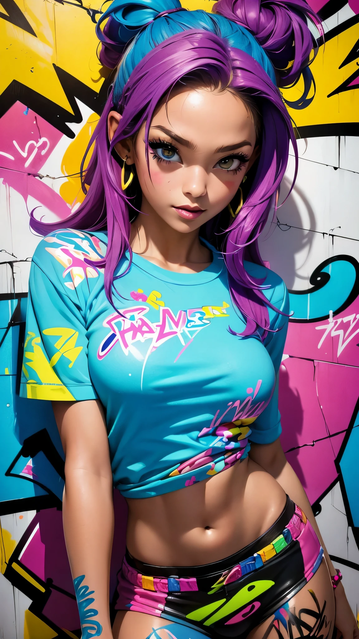 (best quality), (high detail), (vivid colors), (graffiti style), (freestyle), (Close up), (1girl), young sexy female graffiti artist, spraying graffiti on a wall painted with street art, HDR, 8K, 3D, graffiti art style.