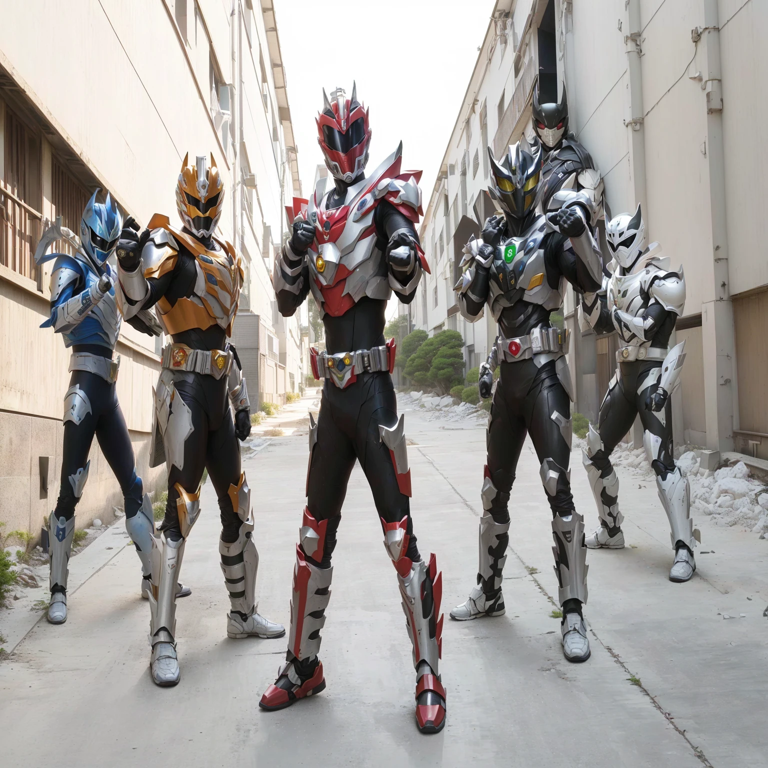 Different types of Power Rangers standing in a row, Masked Rider character, high fantasy Masked Rider, Tokusho, Masked Rider action pose, Masked Rider, Masked Rider ghost, Folzer, Live-action movie scenes, Fighting action poses, Inspired by Okada Kitasanjin, Real-life stills, Japanese style armor