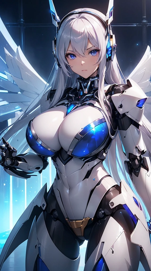((Intense action pose:1.hining lenses on both breasts((Blue pillars of light are emanating from both chests.:1.3))、smile、((8K(32k)), ((Highest quality)), ((masterpiece)), ((超A high resolution)), ((Tmasterpiece)), ((Halation:1.4))、((Mechaニカルheadgear:1.2))、((Cyber Headphones:1.3))、Fine skin, High quality fabric, Fine metal texture、((Beautiful and dense face))、RAW Photos、Professional, Ultra-fine painting, ((alone)), Beautiful breasts、Highest quaery detailed, Very detailed詳細, Finer details, so beautiful, ((Princess Knight Robot:1.2)), (Joints of machines, Mechanical Limbs:1.3), (The internal structure of the machine is exposed:1.3), (Long silver hair:1.1), (Beautiful and huge mechanical breasts)、White Veil, cowbo Side Focus, headgear, Shiny、(Five Fingers, Four fingers and thumb),Concept Art, Anime fantasy artwork, Detailed fantasy art, (with pale blue-violet hair and large white wings,,,,,,,), (((Long silver hair))), (Mecha:1.6)、Sleek and intimidating design,ommander-in-Chief'arm)), (Perfect robot body)、純白と青紫armまたは, Symmetrical wings, 8K high quality, detailed art, 3D rendering of character art in 8K, neat legs, Defined, Defined fingers,