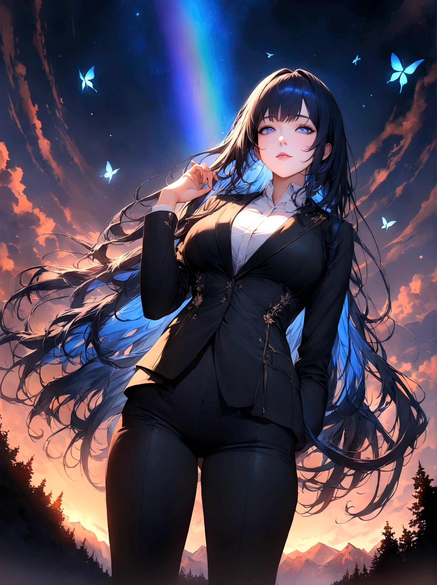 Beautiful Hands, Beautiful dress, (Highest quality:1.2), Intricate details, Decoration, One girl, Multicolored Hair, Long Hair, Collared shirt, Jacket, bangs, Long sleeve, blue flower, (Mature Woman:1.2), Decoration, (Dark blue hair, Lightブルーインナー), extra Long Hair, Straight hair, blue eyes, Slanted Eyes, White inner shirt, (long black Jacket, Black long pants),  (masterpiece, Highest quality:1.2), Intricate details, Decoration, One girl, Multicolored Hair, Long Hair, Collared shirt, bangs, Long sleeve, blue flower, (Mature Woman:1.2), Stars and comets pass by in the vast sky, Beautiful Clouds, A tree where fireflies and butterflies glow々, (Ultra-realistic), {Highly detailed CG unit 8K wallpaper}, Vast landscape photography, (Panoramic view of the sky from below, vast open field vision), (Low angle shot), (Light: 1.5), (warm Light source: 1.2), Intricate details, (Rainbow colors: 1.2), (bright Lighting), (atimospheric Lighting), dream-like, magic, fairy tale