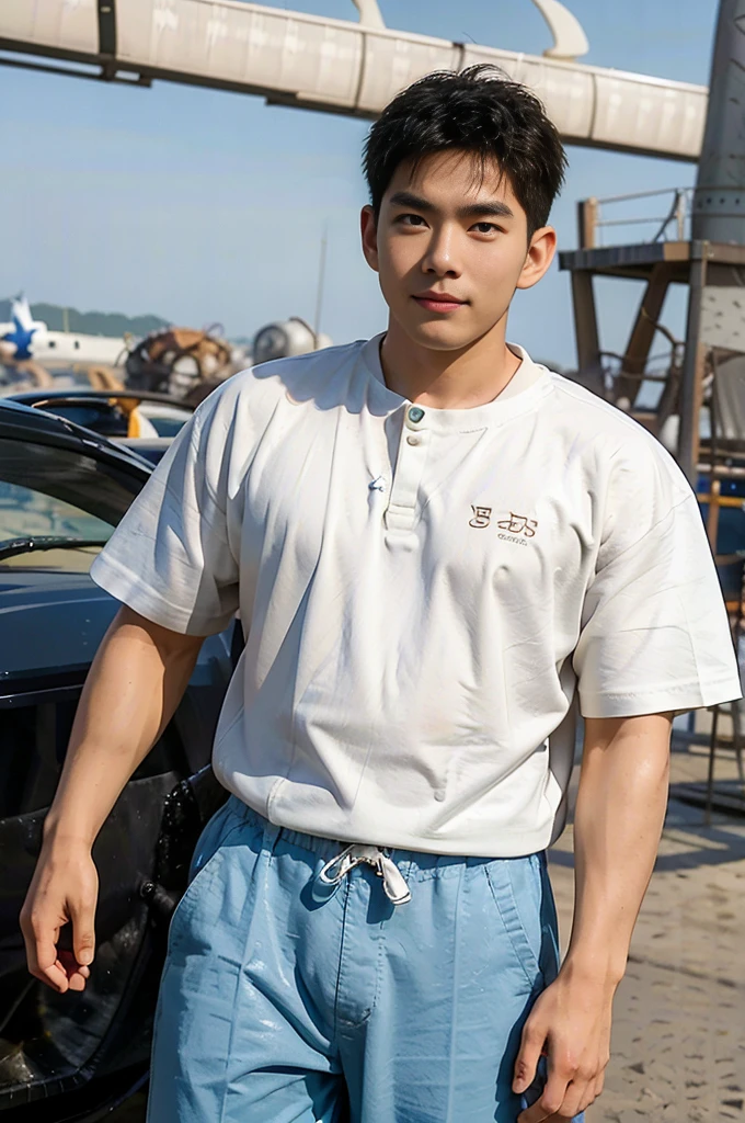 A young Asian man with large muscles looks at the camera. In a white button-down shirt , seaside beach sunlight looking at the airport