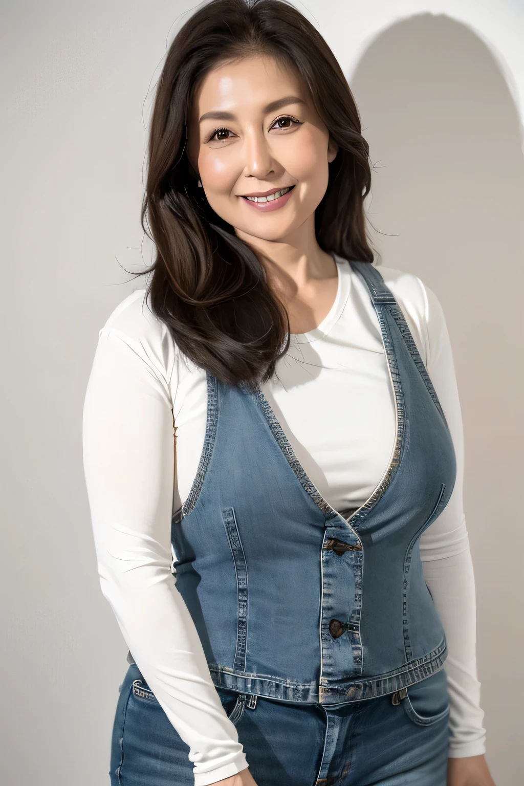 White background、Realistic（masterpiece、Highest quality）、Long Hair Woman、Hair color is dark brown、Japanese mature woman、smile、whole body、Large Breasts、Emphasize the chest、tops、Denim jeans、45-year-old woman、Mature Woman、Pure white background