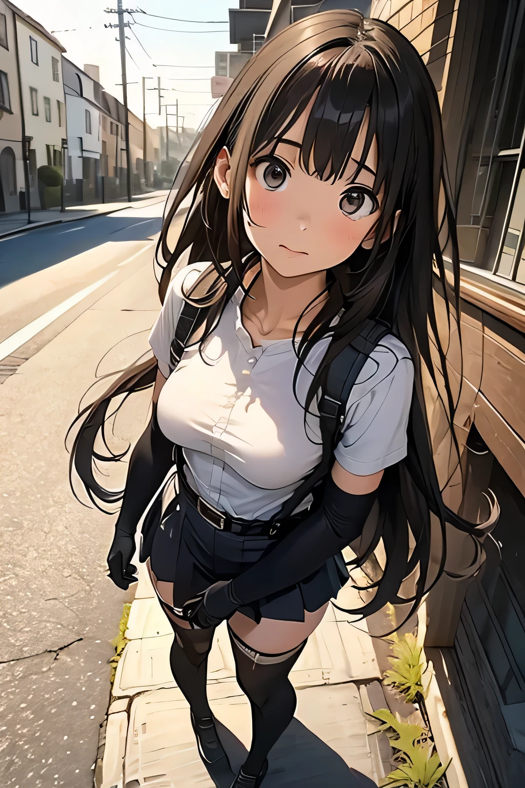 high quality, masterpiece, Ultra-high resolution, (realism: 1.4), Oil painting style, Cinema Lighting, , I stood on the empty asphalt road and looked at it., And the suspenders with the cranes flying Large Breasts Small face holster Lying in bed Looking up Sweat belt summer 脇Sweat Black Hole Gloves suit mini skirt garterbelt Leg Links ズボンにbelt holster Hands behind your back Anxious expression Looking up Anxious face Knee-high Knee socks Knee-highソックス garterbelt garter ふとももにgarterbelt