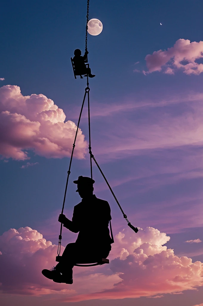 a shadow man sitting in swing under the moon, a dark purple and pink sky and in the bottom is full of cloud
The cloud is with touch pink and white
The swing is connected to the moon