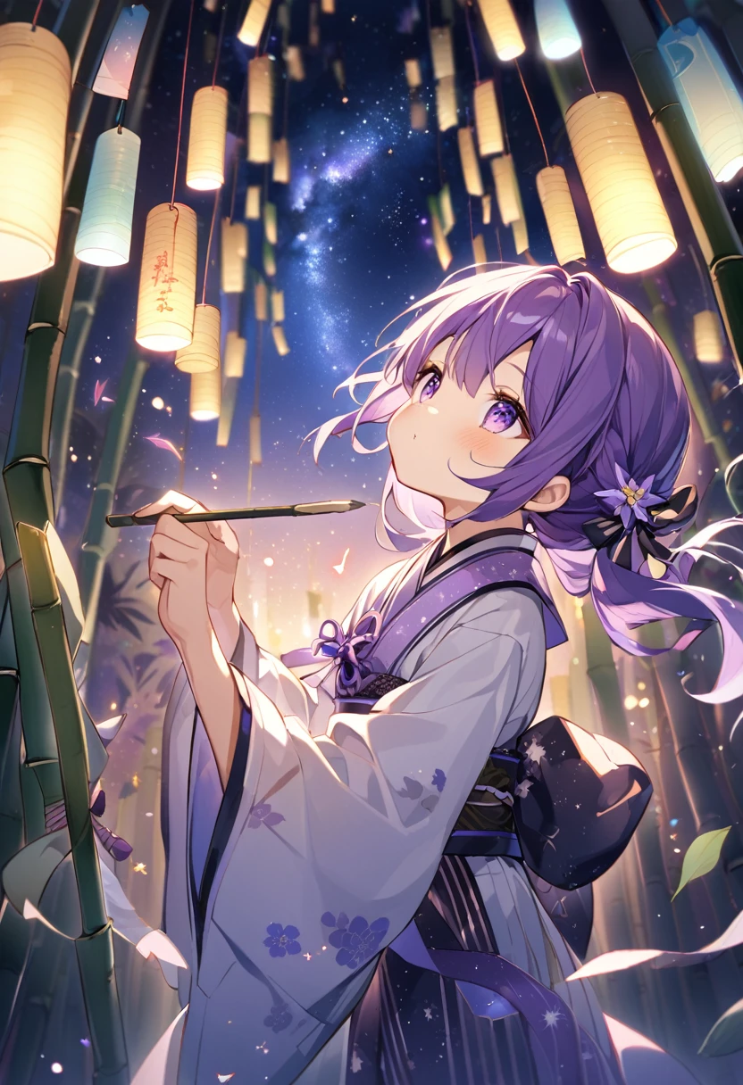 Keito。Purple Eyes。Purple Hair。Imperial Japanese Tanabata, writing wishes on bamboo leaves and decorating them, looking up at the night sky at the Milky Way and two shining stars.