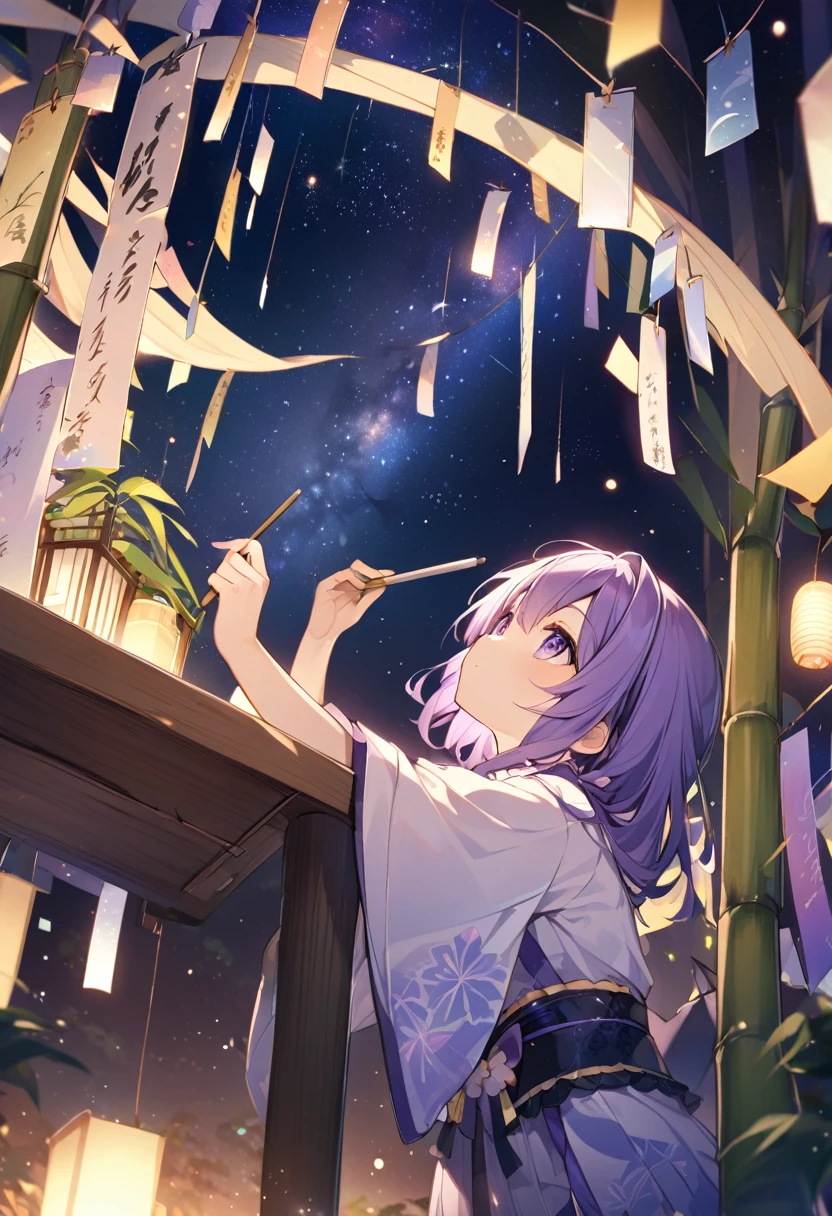 Keito。Purple Eyes。Purple Hair。Imperial Japanese Tanabata, writing wishes on bamboo leaves and decorating them, looking up at the night sky at the Milky Way and two shining stars.