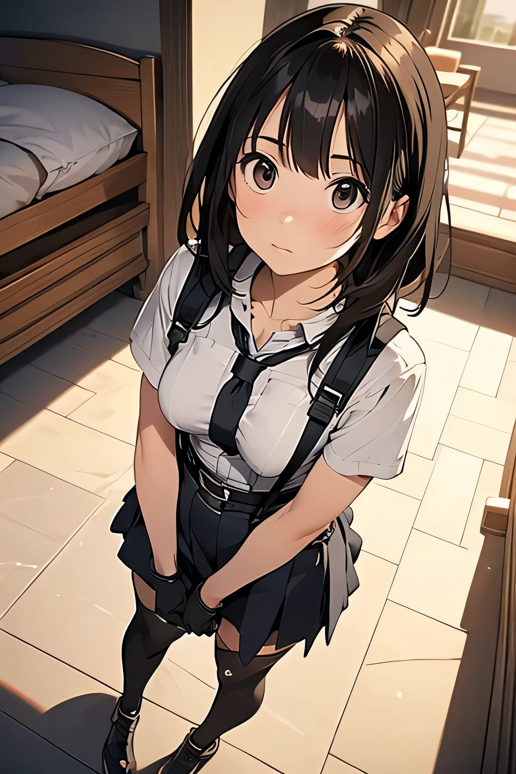 high quality, masterpiece, Ultra-high resolution, (realism: 1.4), Oil painting style, Cinema Lighting, , I stood on the empty asphalt road and looked at it., And the suspenders with the cranes flying　　Large Breasts　 　 　　　　Small face　 　　　holster　　　　　　　 Lying in bed　Looking up　　　　Sweat 　　　belt　summer　脇Sweat 　Black Hole Gloves　suit　　　　 mini skirt　garterbelt　Leg Links　ズボンにbelt　　holster　 　　Hands behind your back　 Anxious expression　Looking up　Anxious face　Knee-high　Knee socks　Knee-highソックス garterbelt　garter　ふとももにgarterbelt