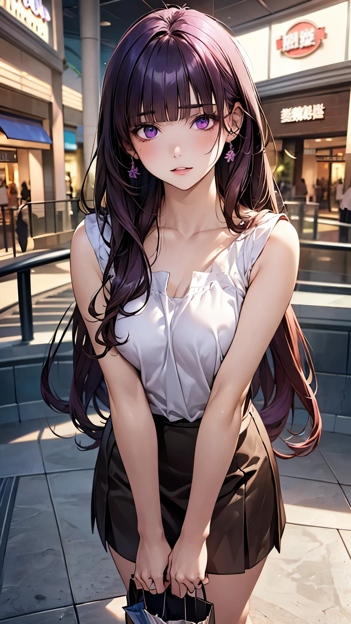 (masterpiece:1.2, top-quality), (realistic, photorealistic:1.4), beautiful illustration, (natural side lighting, movie lighting), nsfw,
looking at viewer, (front view, face focus, upper body), 1 girl, high school girl, (perfect anatomy, anatomically correct, super detailed skin), cute and symmetrical face, perfect face, perfect eyes,
(long hair:1.4, hime style, hime cut, purple hair), blunt bangs, purple eyes, big eyes, long eye lasher, (medium breasts, seductive thighs), slender, babyface, shiny skin,
beautiful detailed hair, beautiful detailed face, beautiful detailed eyes, beautiful clavicle, beautiful body, beautiful chest, beautiful thigh, beautiful legs, beautiful fingers,
(sleeveless white blouse, rose brown tight skirt, white neck ribbon, white high heels with straps),
(beautiful scenery), evening, (shopping mall:1.5), standing, leaning forward, (grabbing hair), (dark persona, jealousy, scared, upper eyes, parted lips),