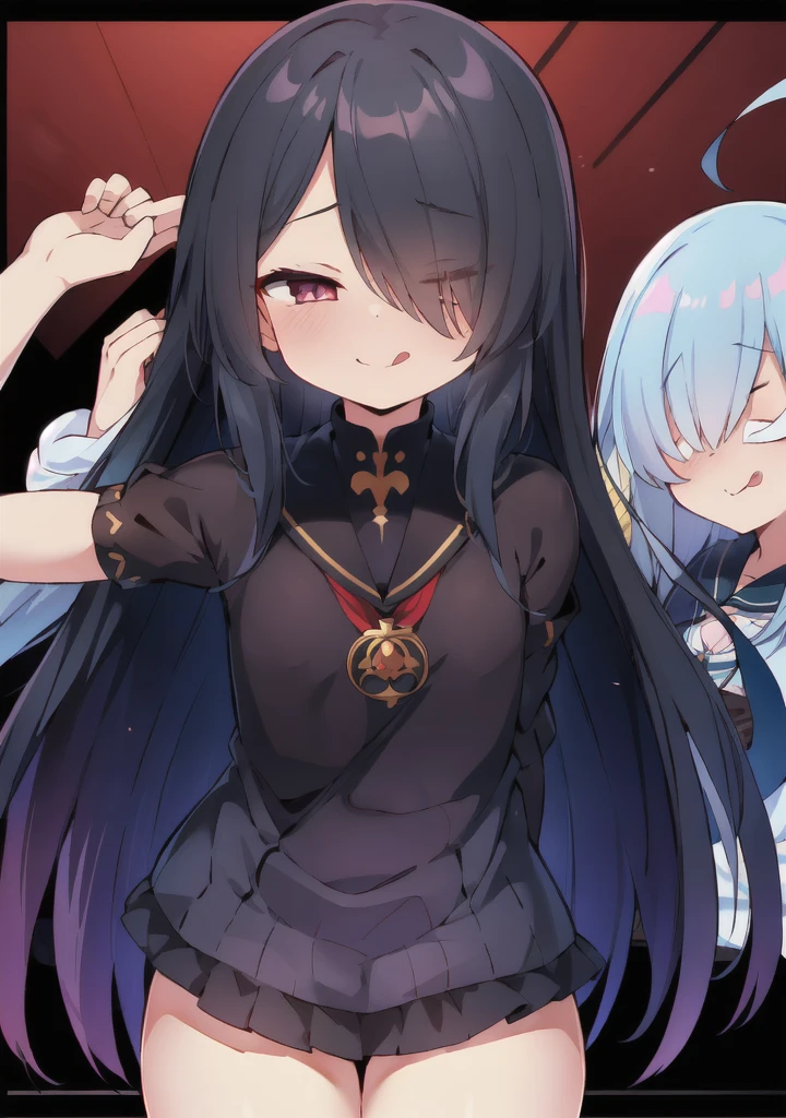 (((Characteristic clothing))),(((high quality))),Unshaven, Cloudy eyes,Anime Style,Long Tongue,Sticking out tongue,Obscene lines,Fallen into evil,Sexual,clumsy smile,((Unshavenの髪)),((((Long hair that covers the eyes)))),transformation,Long Hair,Attention to detail,sexy,Functional,