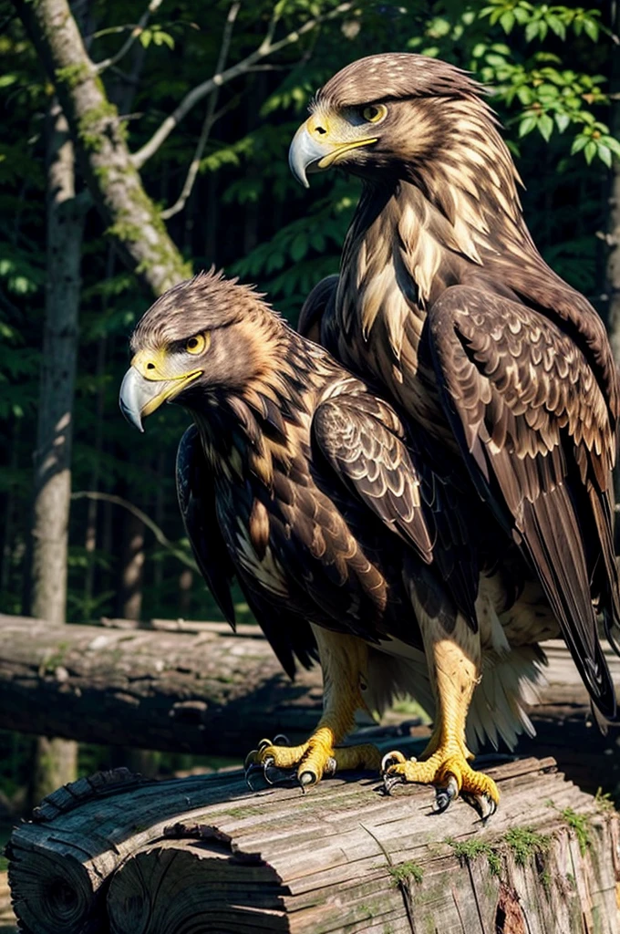 (golden eagle), (realistic), (perched on a log), (summoned face)