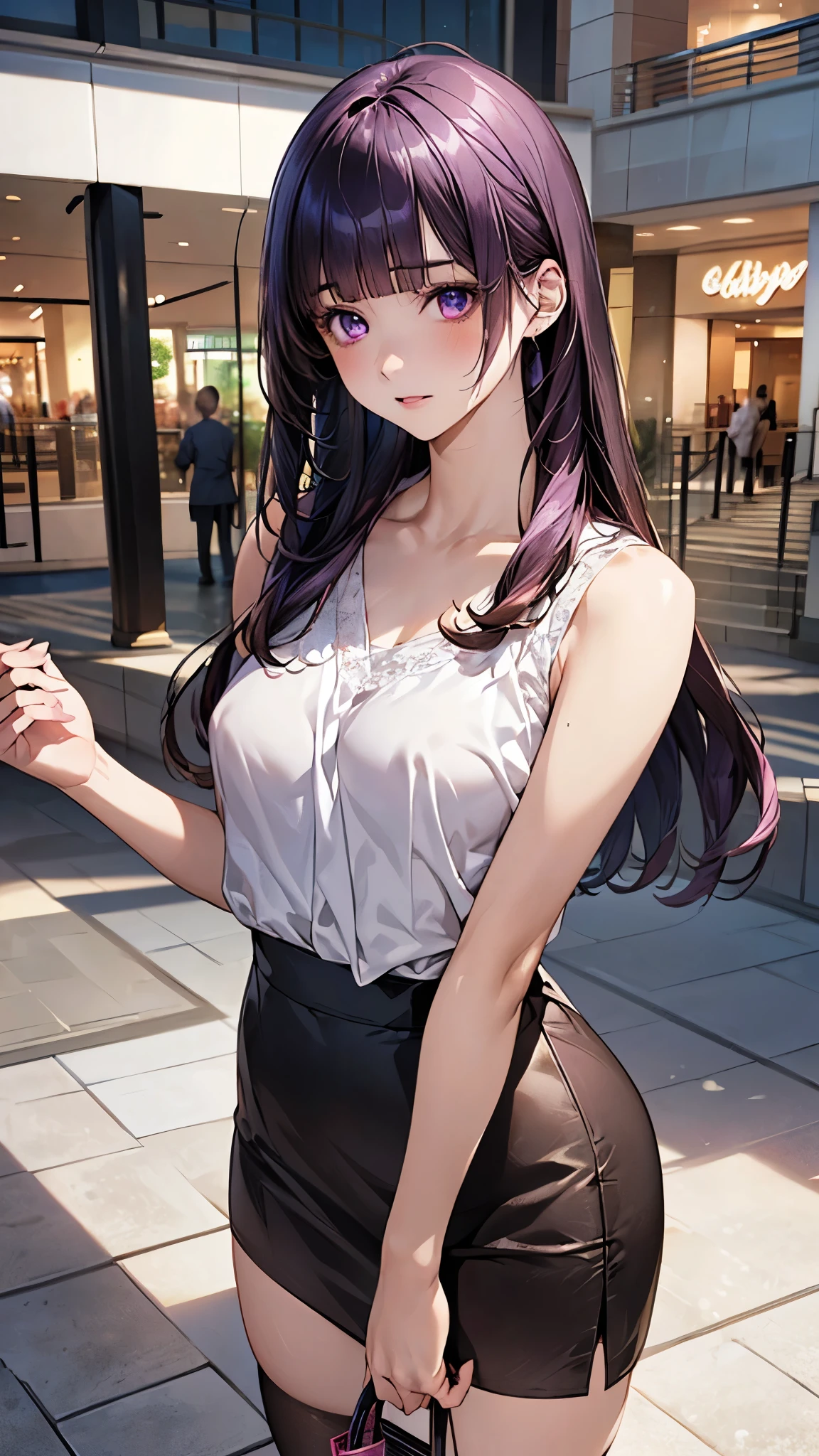 (masterpiece:1.2, top-quality), (realistic, photorealistic:1.4), beautiful illustration, (natural side lighting, movie lighting), nsfw,
looking at viewer, (front view, face focus, upper body), 1 girl, high school girl, (perfect anatomy, anatomically correct, super detailed skin), cute and symmetrical face, perfect face, perfect eyes,
(long hair:1.4, hime style, hime cut, purple hair), blunt bangs, purple eyes, big eyes, long eye lasher, (medium breasts, seductive thighs), slender, face, shiny skin,
beautiful detailed hair, beautiful detailed face, beautiful detailed eyes, beautiful clavicle, beautiful body, beautiful chest, beautiful thigh, beautiful legs, beautiful fingers,
(sleeveless white blouse, rose brown tight skirt, white neck ribbon, white high heels with straps),
(beautiful scenery), evening, (shopping mall:1.5), standing, leaning forward, (grabbing hair), (dark persona, jealousy, scared, upper eyes, parted lips),
