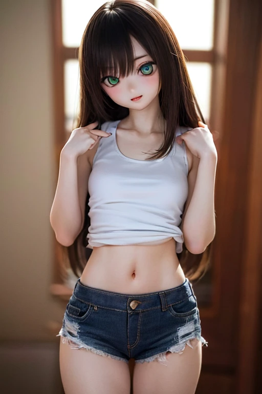 (SFW:2), photorealistic, realistic photo, 8k, ((highest quality)), ((masterpiece)), (extremely detailed), kukolnydom, doll, 1girl, 18yo, 18 years old, solo, ((cowboy shot, stylish pose, navel, thighs)), (skinny, slender, slim, light smile, parted lips), green eyes, brown hair, (looking at another, gradient eyes, shining eyes, detailed eyes, detailed face:1.3), tank top, hot pants, room