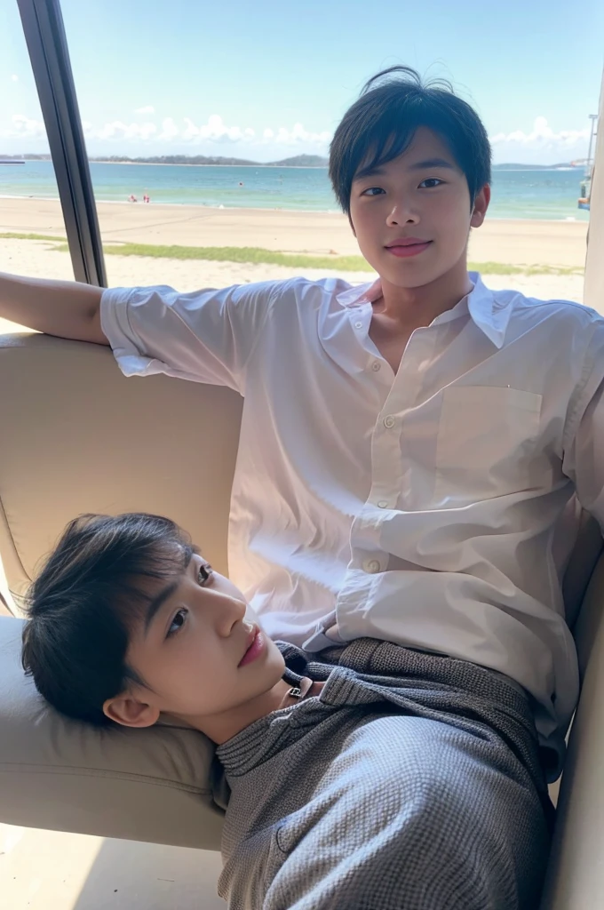 A young Asian man with large muscles looks at the camera. In a white button-down shirt , seaside beach sunlight looking at the airport