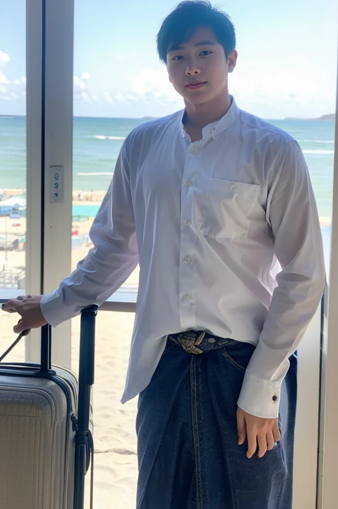 A young Asian man with large muscles looks at the camera. In a white button-down shirt , seaside beach sunlight looking at the airport