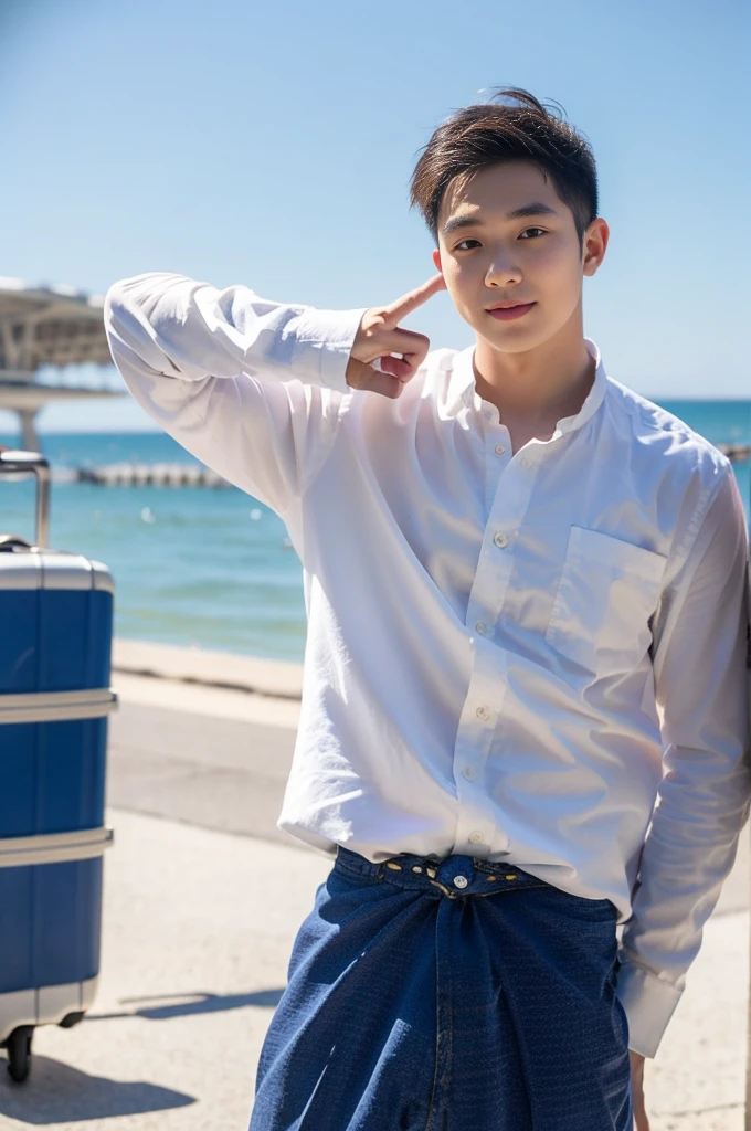 A young Asian man with large muscles looks at the camera. In a white button-down shirt , seaside beach sunlight looking at the airport