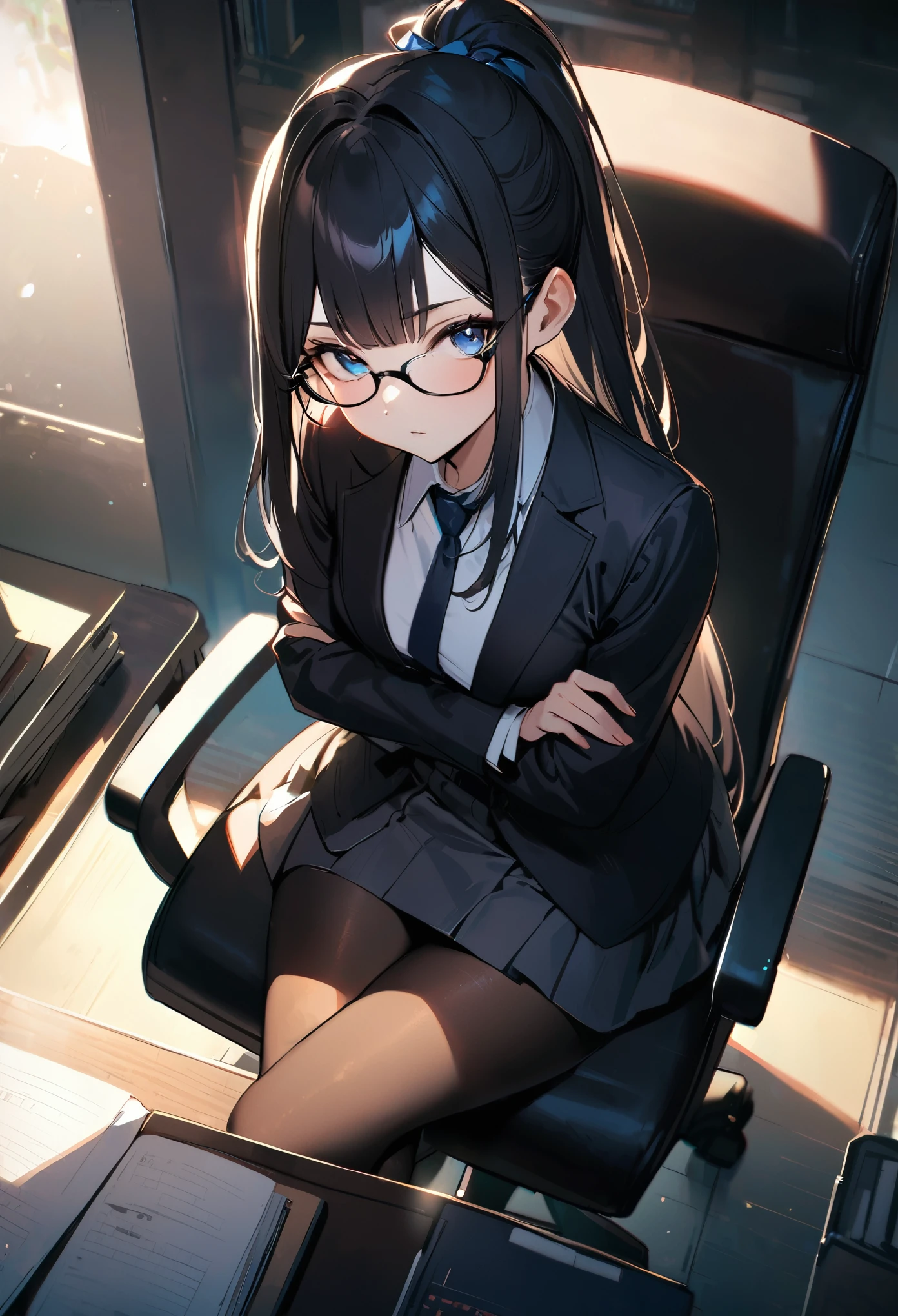 1 girl, 18 years old, long hair, black hair, straight hair, high ponytail, short bangs above brows, blue eyes, black glasses, expressionless, 
BREAK (masterpiece), (high resolution 8K), cinematic lighting, professional lighting, detailed eyes and face, detailed body, 
BREAK office lady, skirt, white blouse, tie, pantyhose, crossed legs, crossed arms, 
BREAK indoors, in the office, desk, sitting on the black chair, from above, 